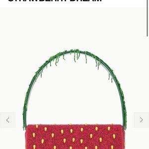 STAUD Red Beaded Mini Bag with Green Beaded Handle and Yellow Seed Accents